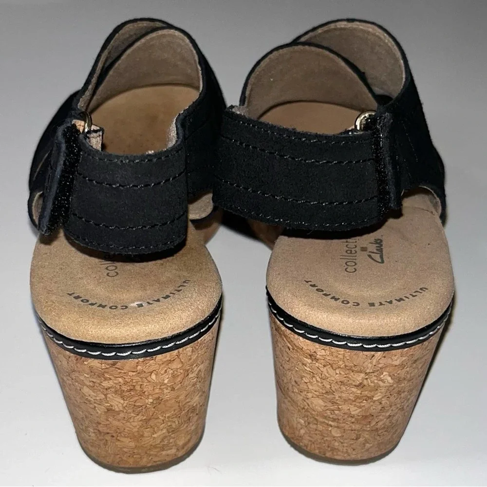 Clarks Black Suede Wedge Sandals Size 9 - Picture 4 of 12